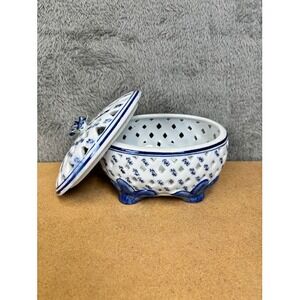 Home & Garden Party Blue White Reticulated Porcelain Footed Trinket Box Rose Lid
